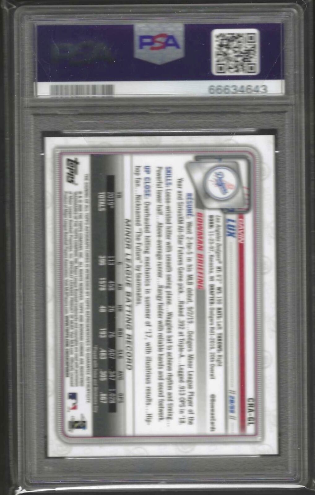 GAVIN LUX 2020 BOWMAN CHROME ROOKIE ON CARD AUTO RC #CRA-GL PSA 9 MINT