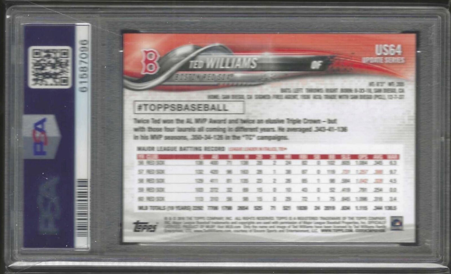 TED WILLIAMS 2018 TOPPS UPDATE SP SHORT PRINT #US64 PSA 9 MINT POP 12