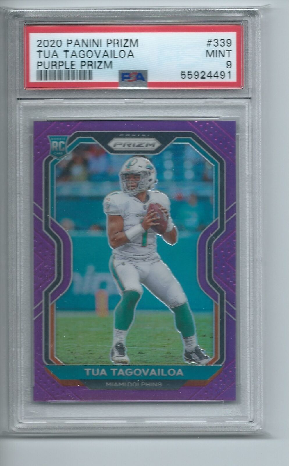 TUA TAGOVAILOA 2020 PANINI PRIZM PURPLE PRIZM RC #D 110/125 PSA 9 MINT
