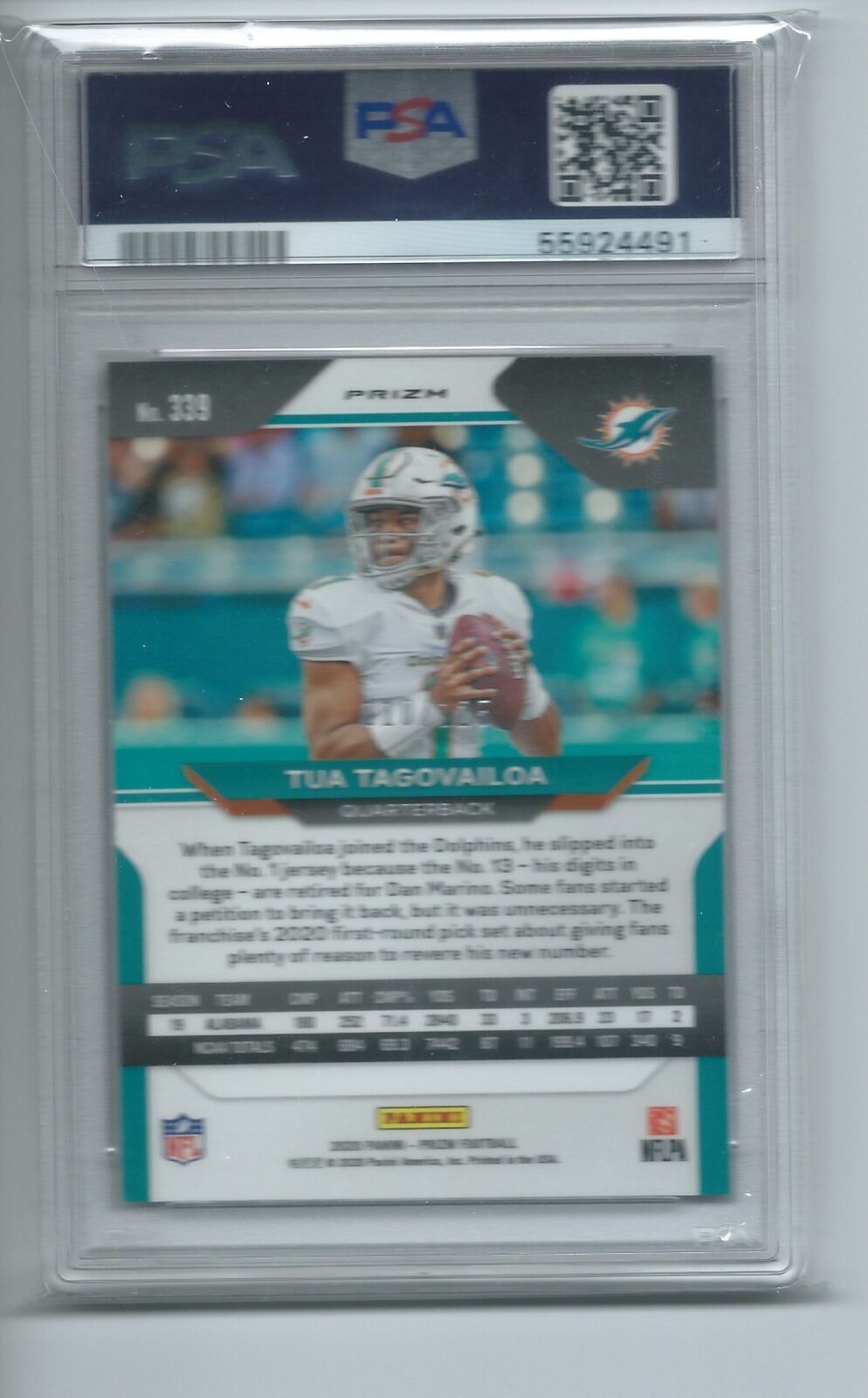 TUA TAGOVAILOA 2020 PANINI PRIZM PURPLE PRIZM RC #D 110/125 PSA 9 MINT