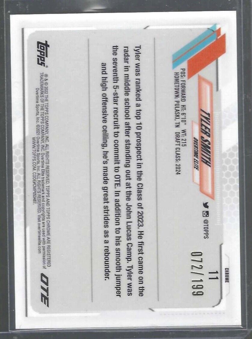 TYLER SMITH 2021-22 TOPPS CHROME OTE AQUA WAVE REFRACTOR RC #D 072/199