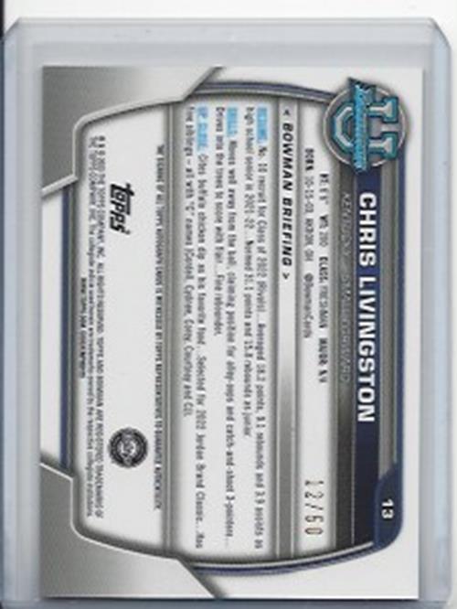 CHRIS LIVINGSTON 2023 BOWMAN CHROME 1ST UNIV GOLD RAYWAVE REFRACTOR AUTO RC /50