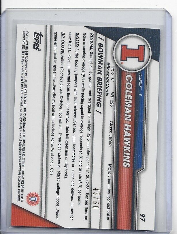 COLEMAN HAWKINS 2023-24 BOWMAN CHROME UNIVERSITY 1ST GOLD SHIMMER REFRACTOR /50