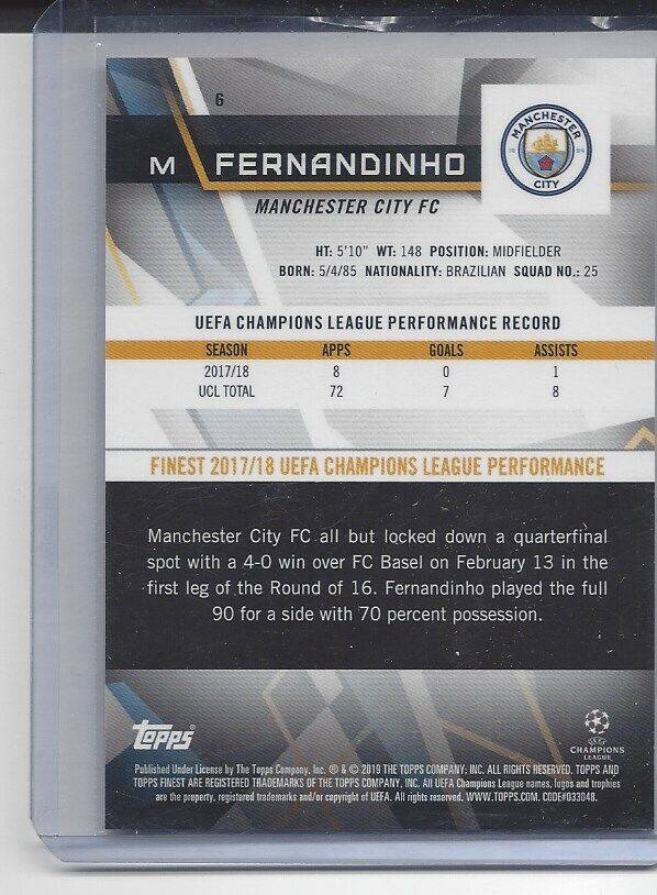 FERNANDINHO 2019 TOPPS FINEST MANCHESTER CITY RED REFRACTOR #D 8/10