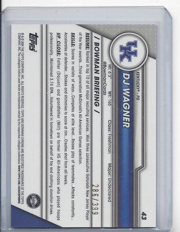 DJ WAGNER 2023-24 BOWMAN CHROME UNIVERSITY PURPLE MINI DIAMOND REFRACTOR /399