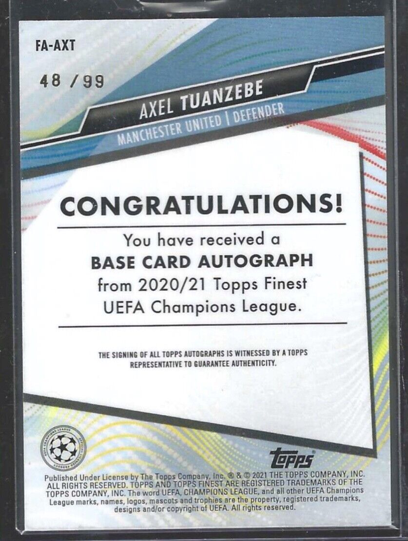 AXEL TUANZEBE 2020-21 TOPPS FINEST UCL GREEN REFRACTOR AUTO #D 48/99