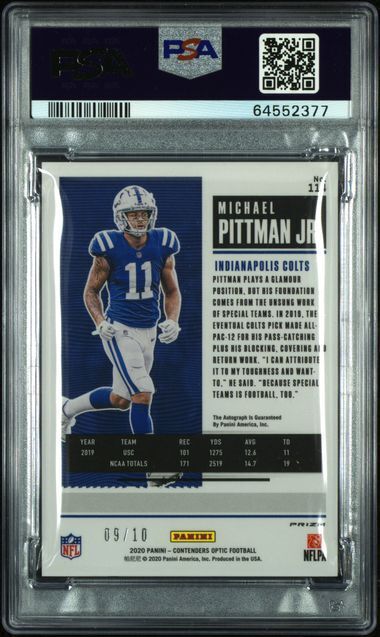 MICHAEL PITTMAN JR 2020 PANINI CONTENDERS GOLD PRIZM AUTO RC /10 PSA 9 POP 1/1