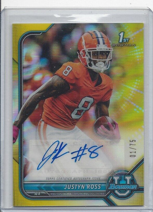 JUSTYN ROSS 2022 BOWMAN CHROME 1ST YELLOW REFRACTOR AUTO RC #D 1/75