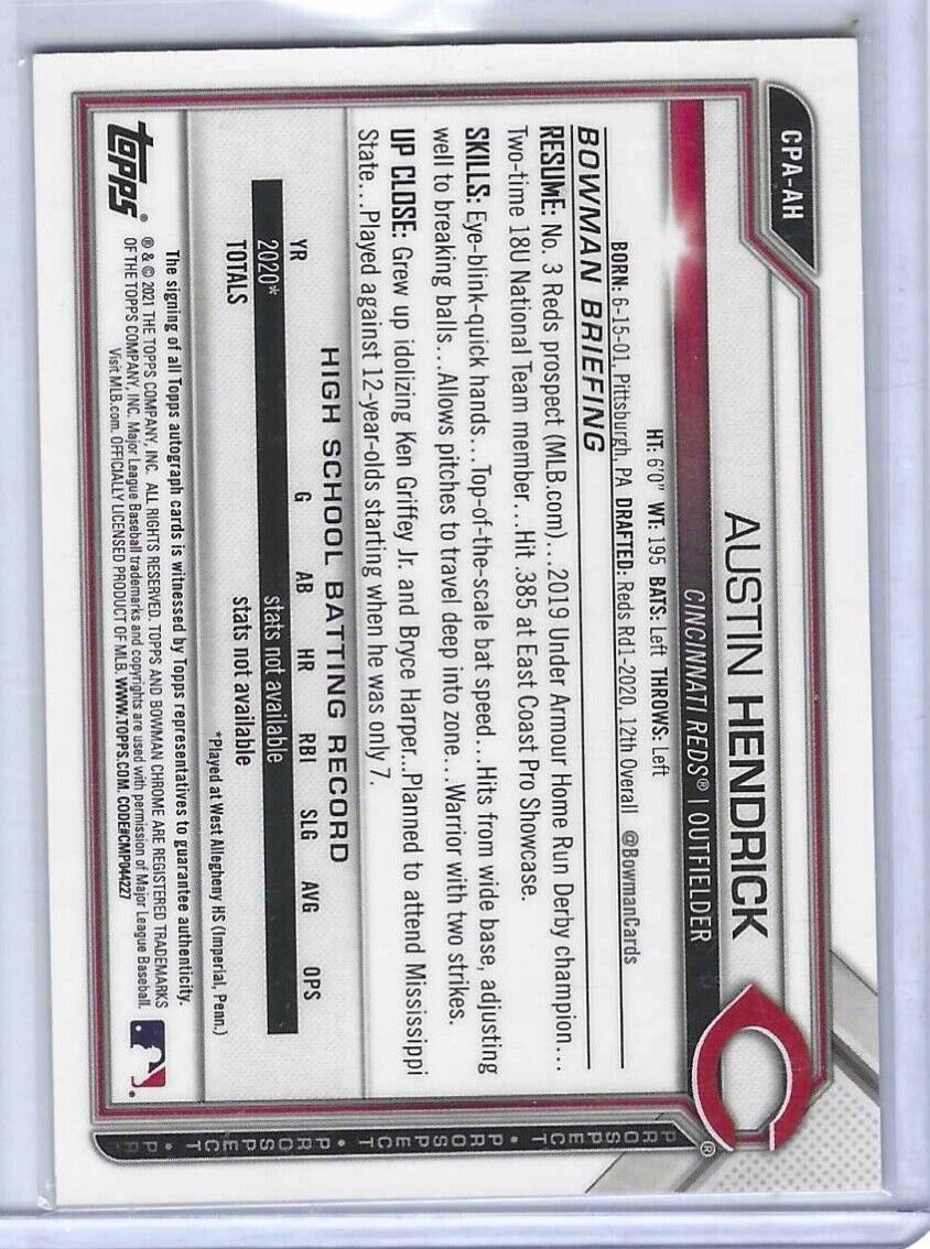 AUSTIN HENDRICK 2021 BOWMAN CHROME PROSPECT ON CARD AUTO #CPA-AH