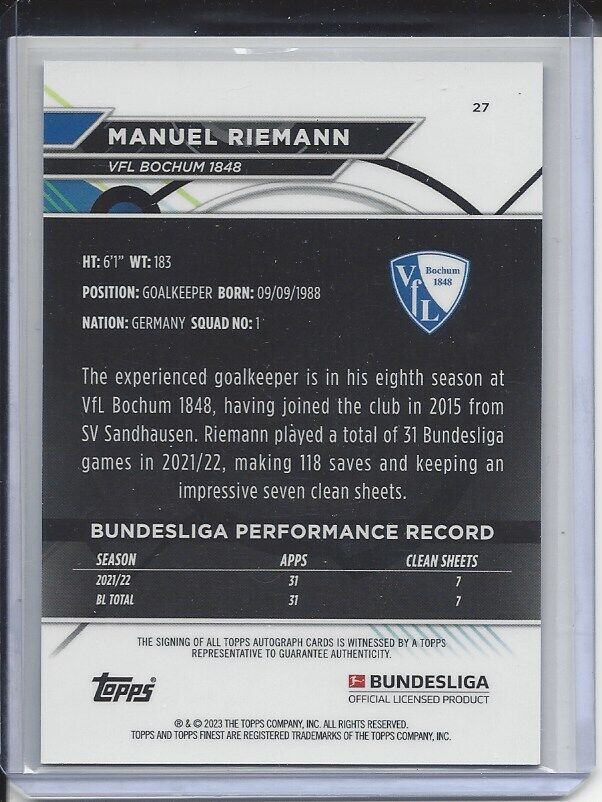 MANUEL RIEMANN 2022-23 TOPPS FINEST BUNDESLIGA BOCHUM REFRACTOR AUTO #27
