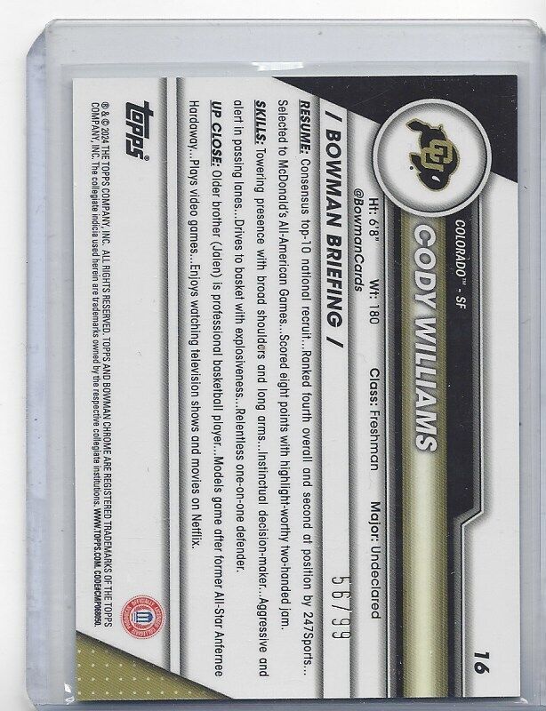 CODY WILLIAMS 2023-24 BOWMAN CHROME UNIVERSITY 1ST GREEN SHIMMER REFRACTOR /99