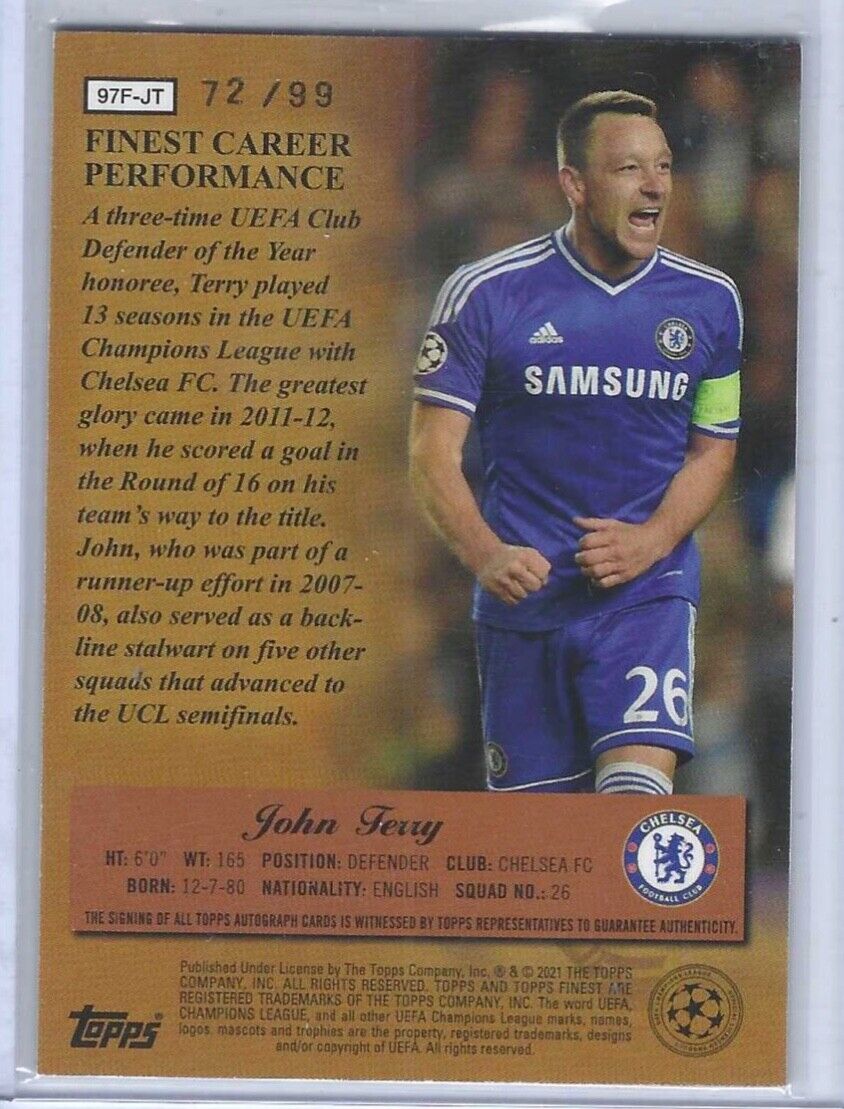 JOHN TERRY 2020-21 TOPPS FINEST UCL REFRACTOR FINEST MASTERS AUTO #D 72/99