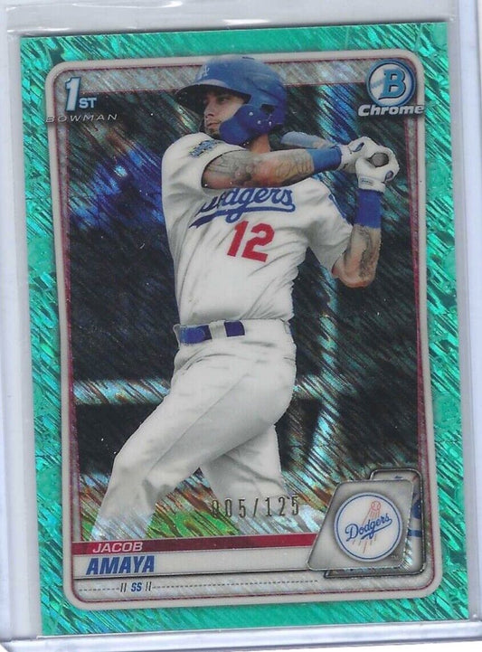 JACOB AMAYA 2020 BOWMAN CHROME AQUA SHIMMER REFRACTOR 1ST PROSPECT #D 005/125