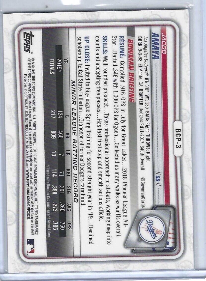 JACOB AMAYA 2020 BOWMAN CHROME AQUA SHIMMER REFRACTOR 1ST PROSPECT #D 005/125