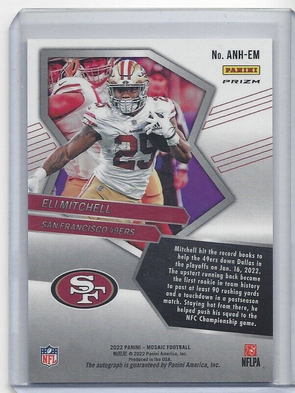 ELI MITCHELL 2022 PANINI MOSAIC NO HUDDLE 49ERS PRIZM AUTO