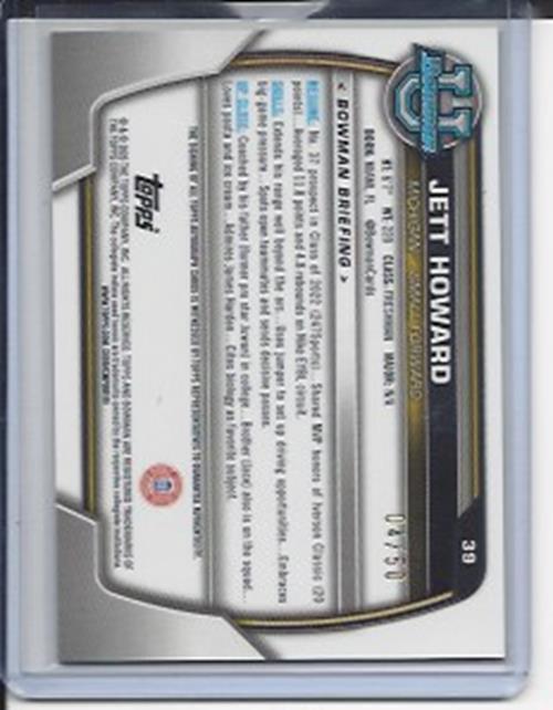 JETT HOWARD 2023 BOWMAN CHROME 1ST UNIVERSITY GOLD REFRACTOR AUTO RC #D 4/50