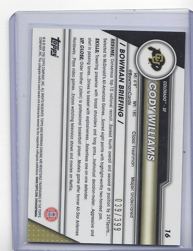 CODY WILLIAMS 2023-24 BOWMAN CHROME UNIVERSIT PURPLE MINI DIAMOND REFRACTOR /399