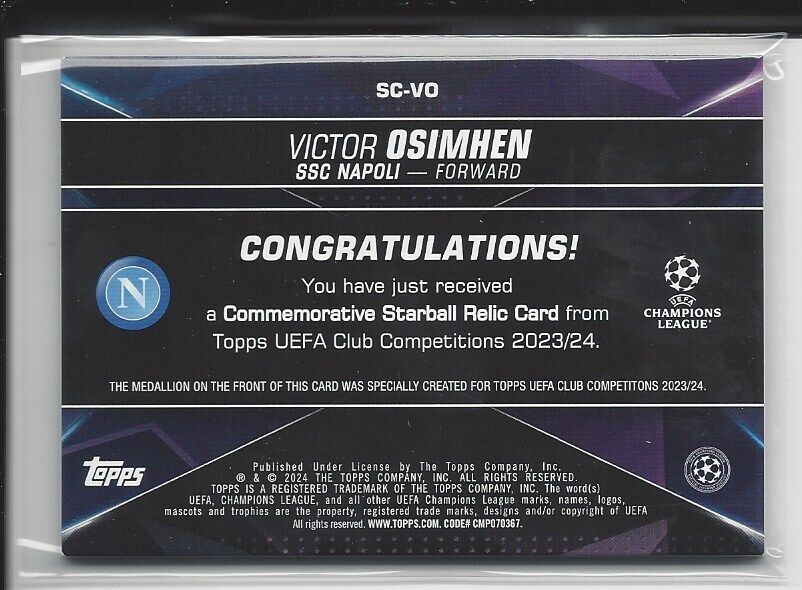 VICTOR OSIMHEN 2023-24 TOPPS CLUB COMPETITIONS UCL STARBALL RELIC PATCH