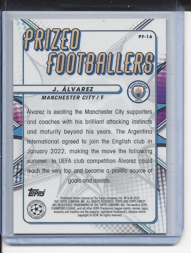 JULIAN ALVAREZ 2022-23 TOPPS FINEST PRIZED FOOTBALLERS GOLD REFRACTOR RC #D /50