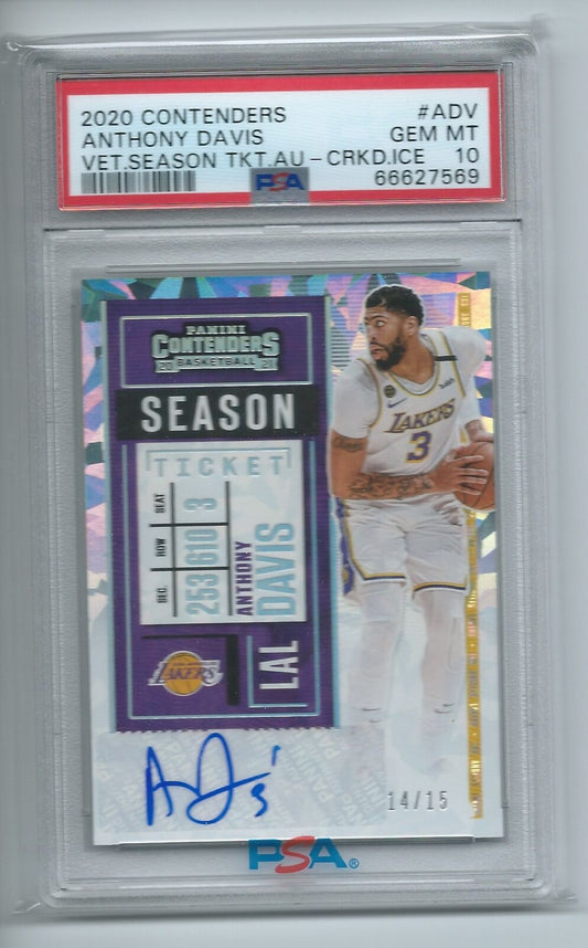 ANTHONY DAVIS 2020 PANINI CONTENDERS SEASON TICKET CRACKED ICE AUTO /15 PSA 10