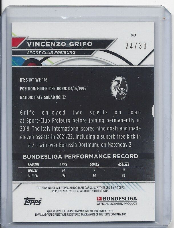 VINCENZO GRIFO 2022-23 TOPPS FINEST BUNDESLIGA GREEN WAVE REFRACTOR AUTO #D /30