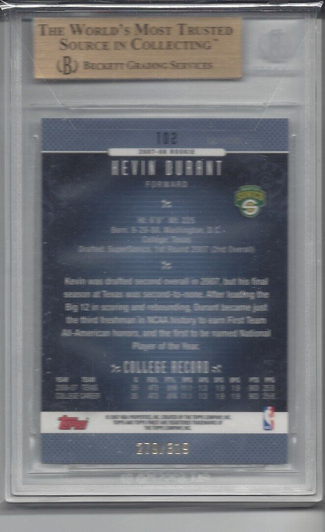 KEVIN DURANT 2006-07 TOPPS FINEST SILVER REFRACTOR RC #D 279/319 BGS 9.5 GEM MT