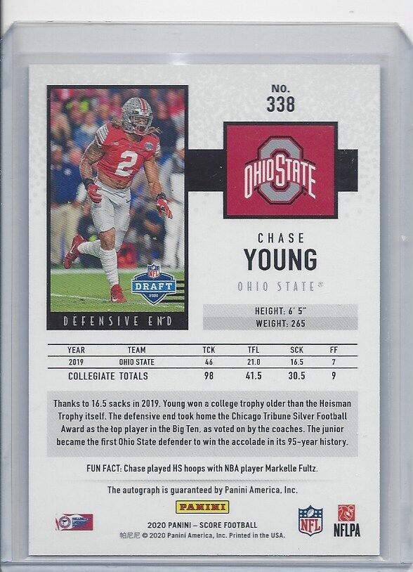 CHASE YOUNG 2020 PANINI SCORE ARTIST'S PROOF BLUE ROOKIE AUTO RC #D 29/35