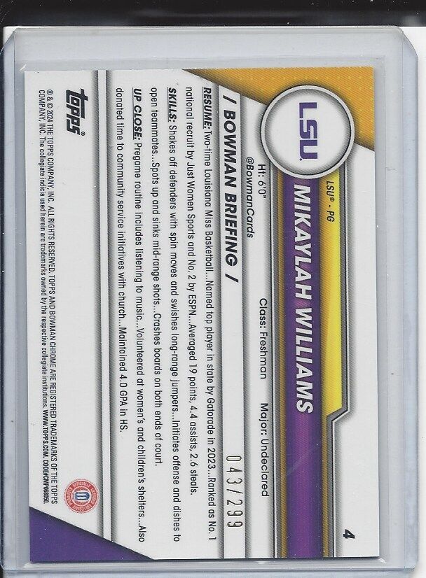 MIKAYLAH WILLIAMS 2023-24 BOWMAN CHROME UNIVERSITY 1ST AQUA REFRACTOR #D 43/299