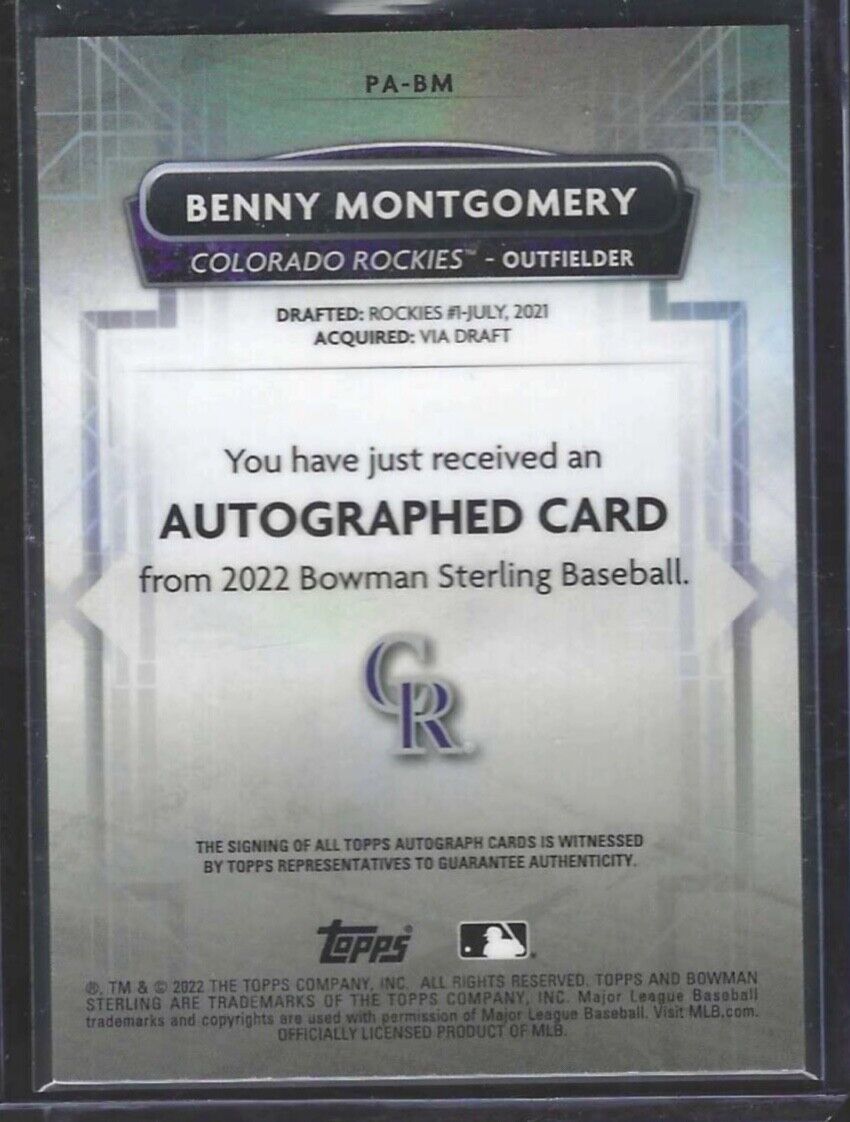 BENNY MONTGOMERY 2022 BOWMAN STERLING ON CARD PROSPECT AUTO #PA-BM