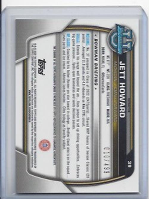 JETT HOWARD 2023 BOWMAN CHROME 1ST UNIVERSITY REFRACTOR AUTO RC #D 10/499
