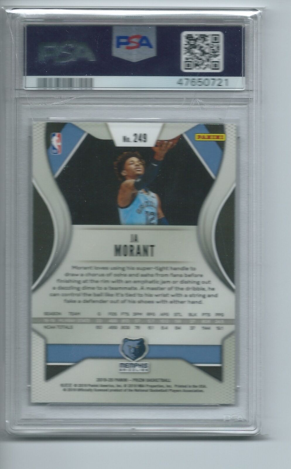 JA MORANT 2019-20 PANINI PRIZM LAYUP PHOTO VARIATION RC #249 PSA 9 MINT