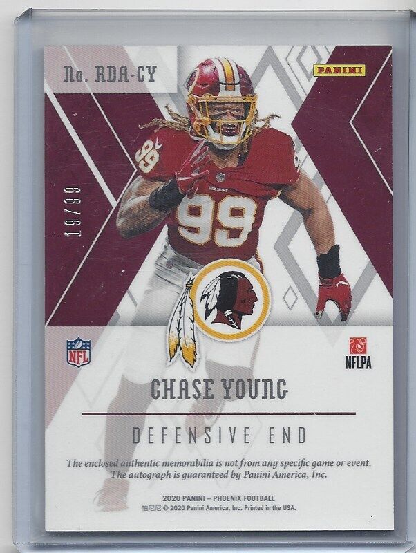CHASE YOUNG 2020 PANINI PHOENIX DUAL JERSEY ROOKIE AUTO RC #D 19/99
