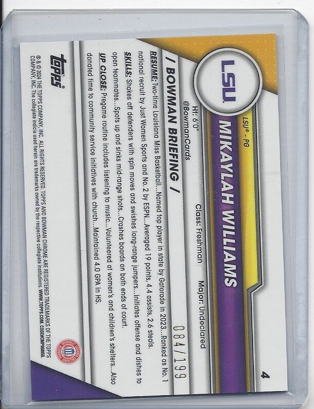 MIKAYLAH WILLIAMS 2023-24 BOWMAN CHROME UNIVERSITY 1ST BLUE LAVA REFRACTOR /199
