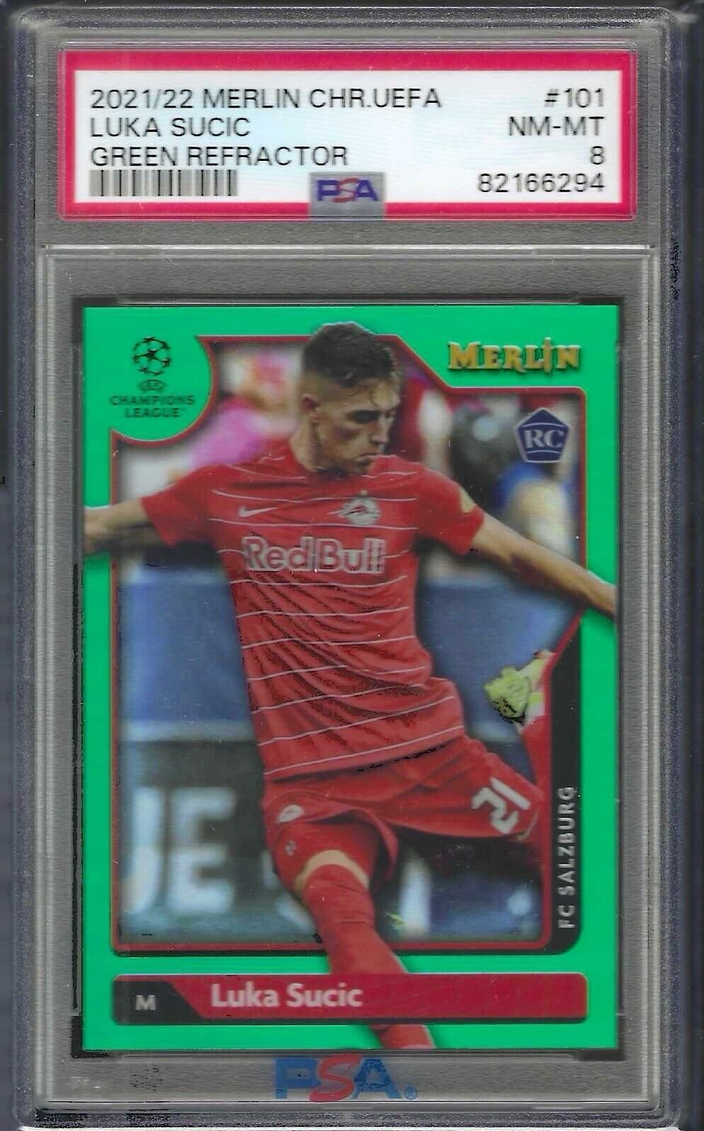 LUKA SUCIC 2021-22 TOPPS MERLIN UEFA GREEN REFRACTOR RC /99 PSA 8 NM POP 1/1