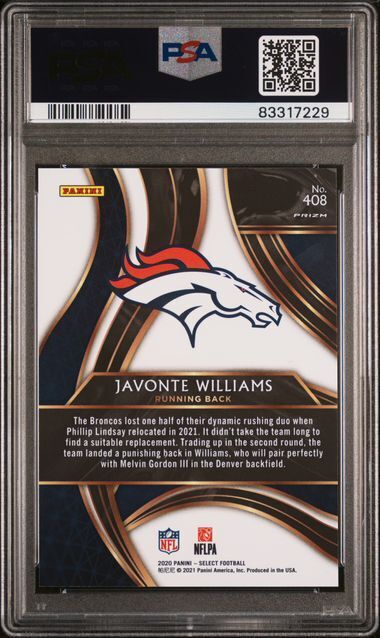 JAVONTE WILLIAMS 2020 PANINI SELECT 2021 XRC SILVER PRIZM RC #408 PSA 10 GEM