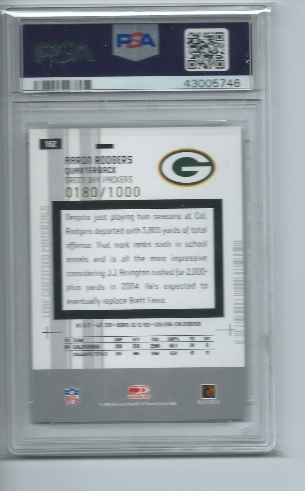 AARON RODGERS 2005 LEAF CERTIFIED MATERIALS NEW GENERATION RC #D 180/1000 PSA 9