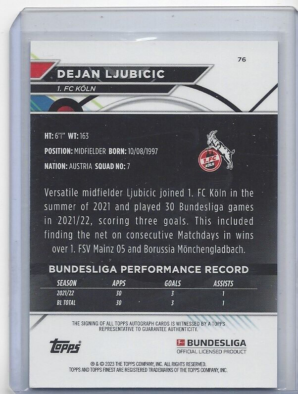 DEJAN LJUBICIC 2022-23 TOPPS FINEST BUNDESLIGA KOLN REFRACTOR AUTO