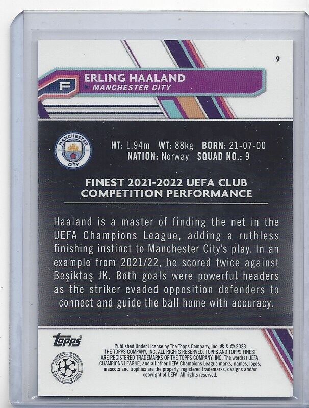 ERLING HAALAND 2022-23 TOPPS FINEST MANCHESTER CITY GOLD REFRACTOR #D 3/50