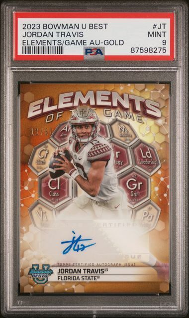 JORDAN TRAVIS 2023 BOWMANS BEST ELEMENTS OF GAME GOLD REFRACTOR AUTO /50 PSA 9