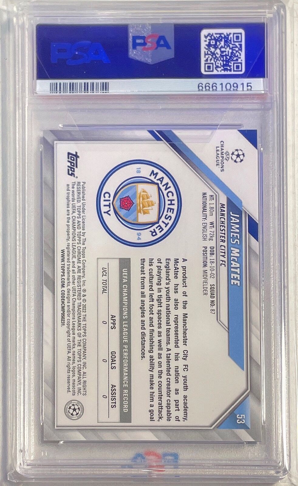 JAMES MCATEE 2021-22 TOPPS CHROME UCL ROOKIE RC #53 PSA 10 GEM MINT POP 5