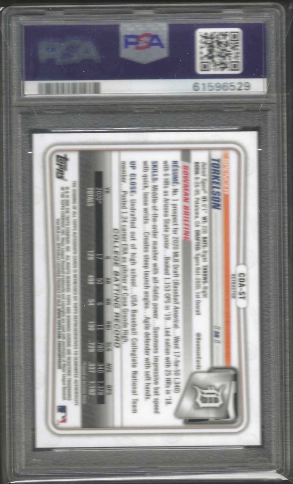 SPENCER TORKELSON 2020 BOWMAN CHROME 1ST REFRACTOR PROSPECT AUTO /499 PSA 8