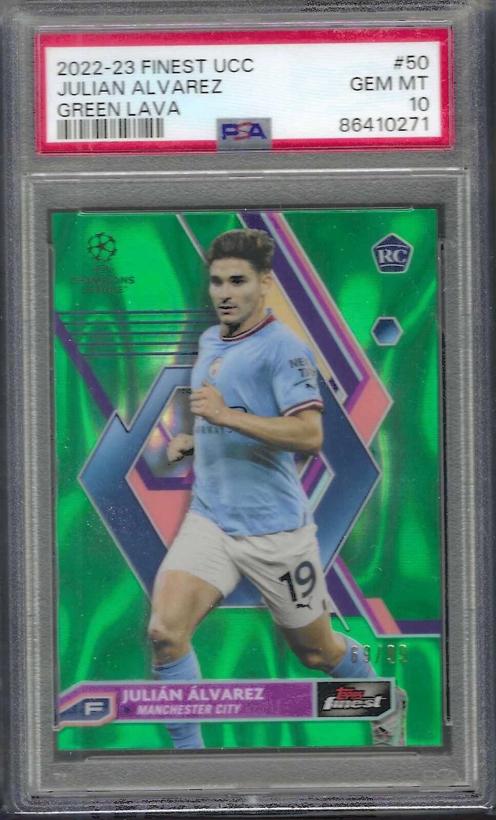 JULIAN ALVAREZ 2022-23 TOPPS FINEST GREEN LAVA REFRACTOR RC /99 PSA 10 POP 4