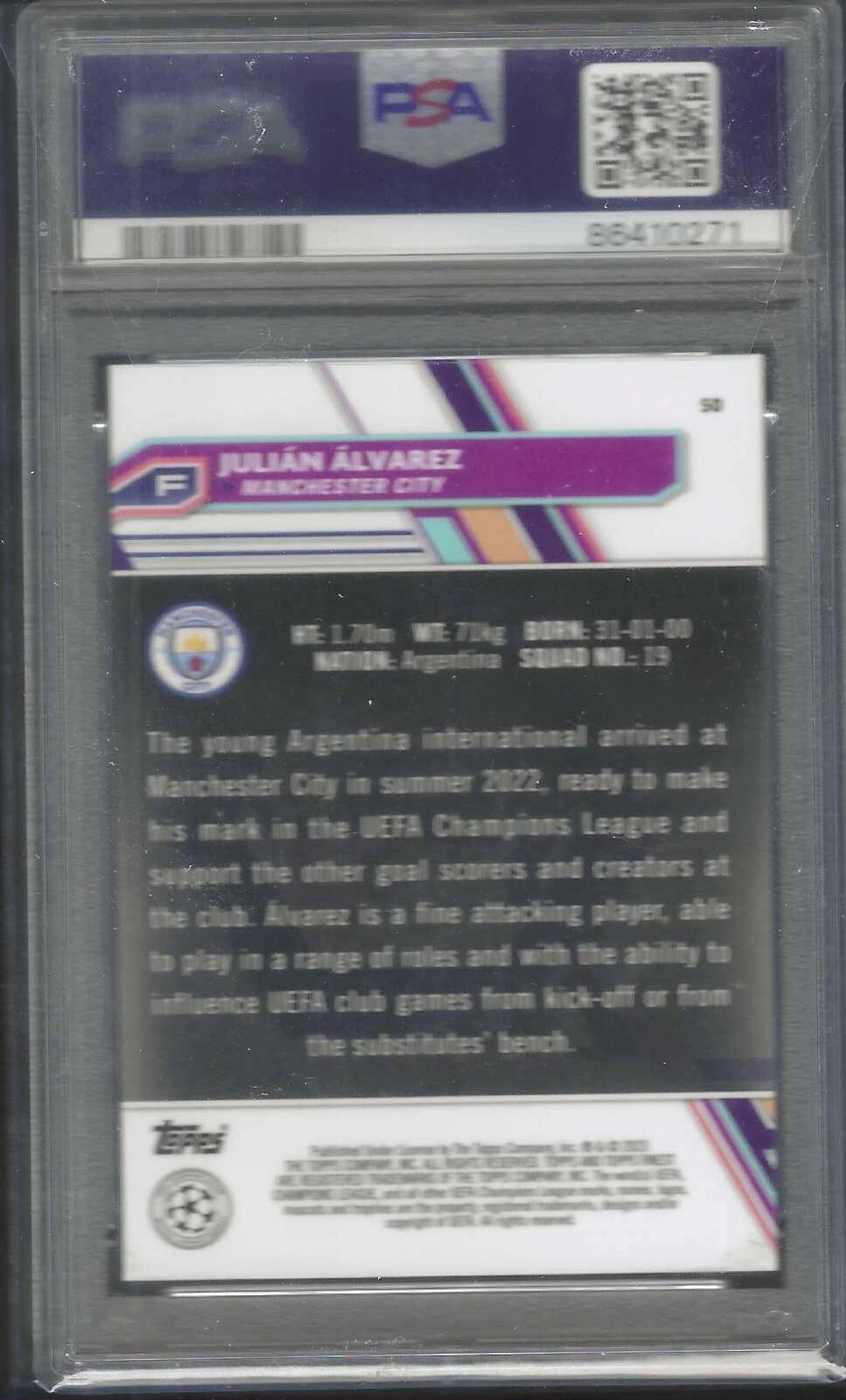 JULIAN ALVAREZ 2022-23 TOPPS FINEST GREEN LAVA REFRACTOR RC /99 PSA 10 POP 4