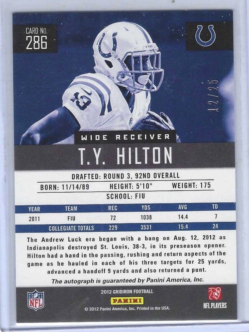 TY HILTON 2012 PANINI GRIDIRON ROOKIE BLACK O'S AUTO RC #D 12/25