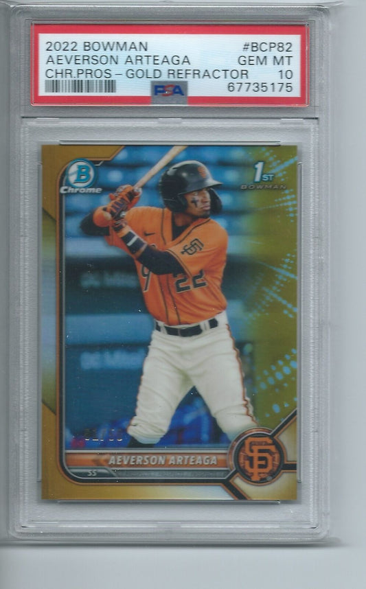 AEVERSON ARTEAGA 2022 BOWMAN CHROME 1ST GOLD REFRACTOR #D 1/50 PSA 10 POP 6