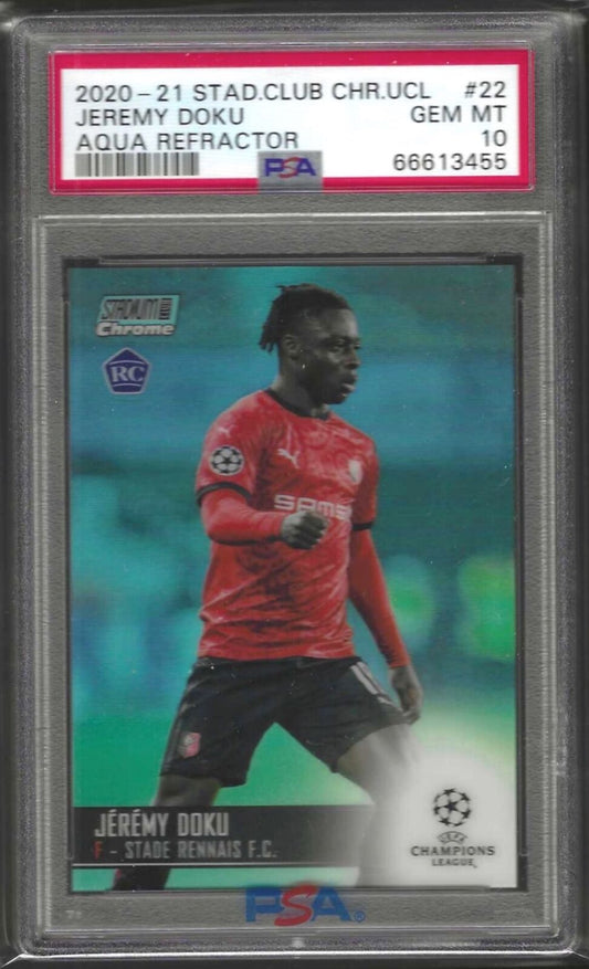 JEREMY DOKU 2020-21 TOPPS STADIUM CLUB AQUA REFRACTOR RC /199 PSA 10 GEM POP 3