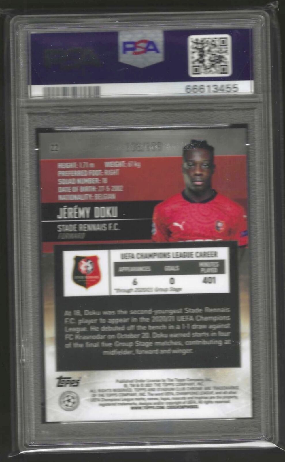 JEREMY DOKU 2020-21 TOPPS STADIUM CLUB AQUA REFRACTOR RC /199 PSA 10 GEM POP 3