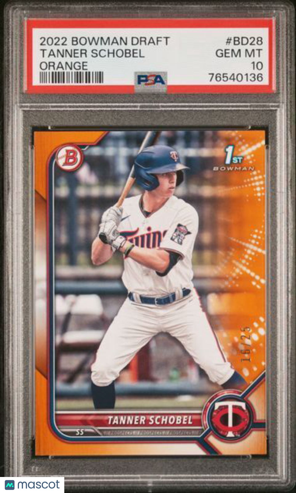 TANNER SCHOBEL 2022 BOWMAN DRAFT ORANGE 1ST #D 16/25 PSA 10 GEM MINT POP 1/1