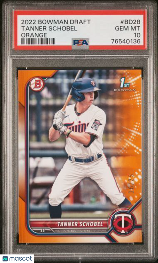 TANNER SCHOBEL 2022 BOWMAN DRAFT ORANGE 1ST #D 16/25 PSA 10 GEM MINT POP 1/1