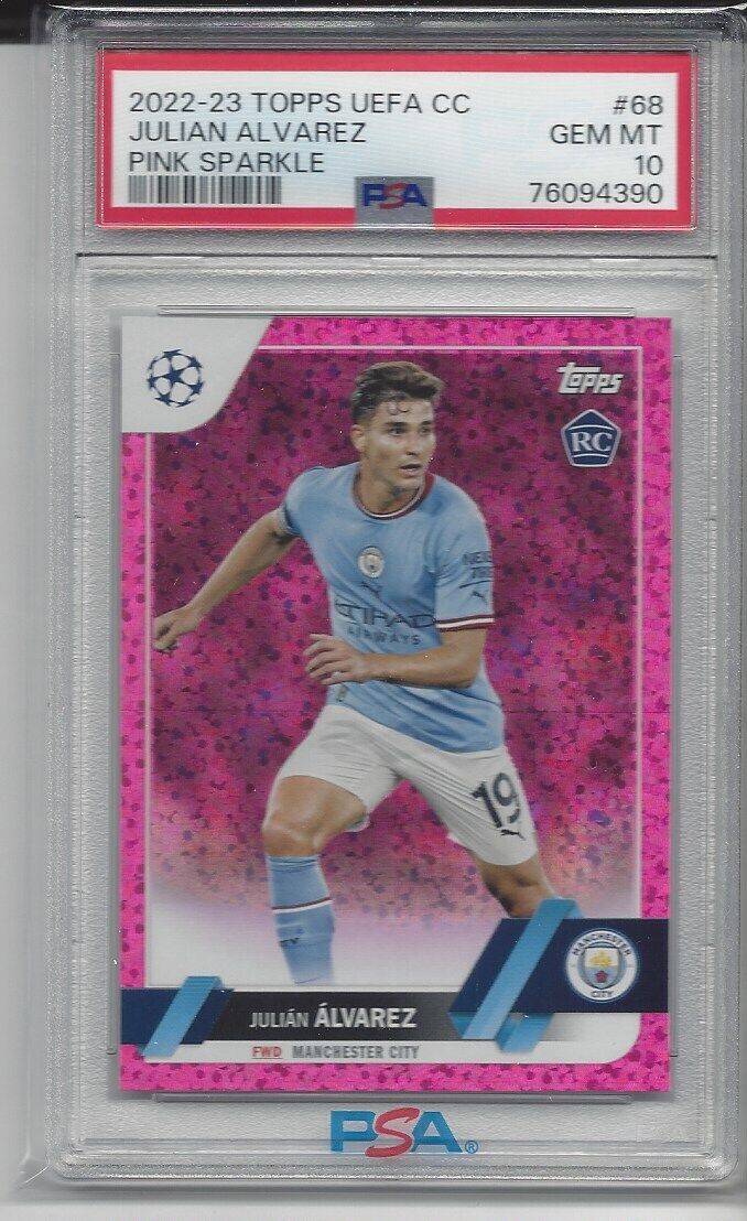 JULIAN ALVAREZ 2022-23 TOPPS CLUB COMP PINK SPARKLE SP RC #68 PSA 10 GEM POP 2